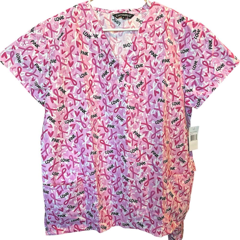 Women's Pink Ribbon 🎀 Breast Cancer Awareness Scrub‎ Top NWT